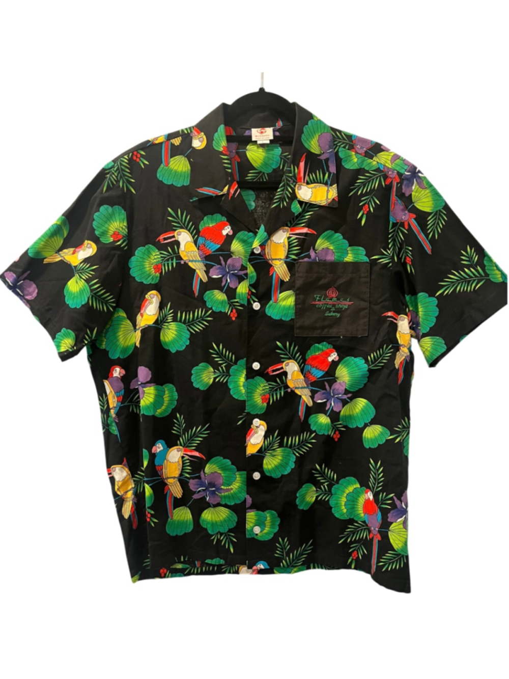 VTG 90s Scorpio Hawaiian Shirt L Black All Over Parrot Print Macaw Toucan USA